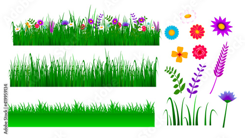 set of green grass border illustration or lanscape grass with blossom or green view grass with flower concept. eps 10 vector, easy to modify