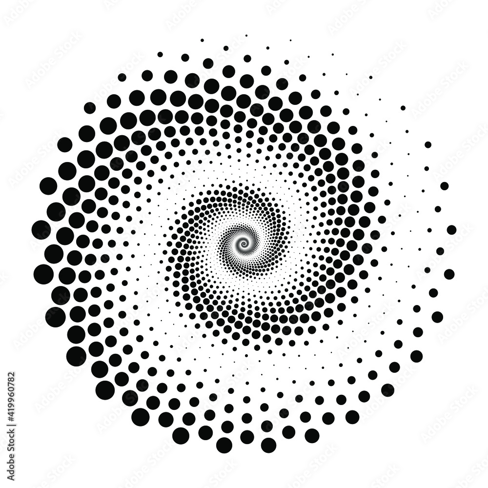 Black spiral halftone dotted shape. Geometric art. No gradient. Trendy design element for border frame, logo, tattoo, symbol, web, prints, posters, template, pattern and abstract background