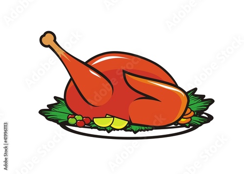 Chicken turkey with vegetables. Simple illustration with black outline.