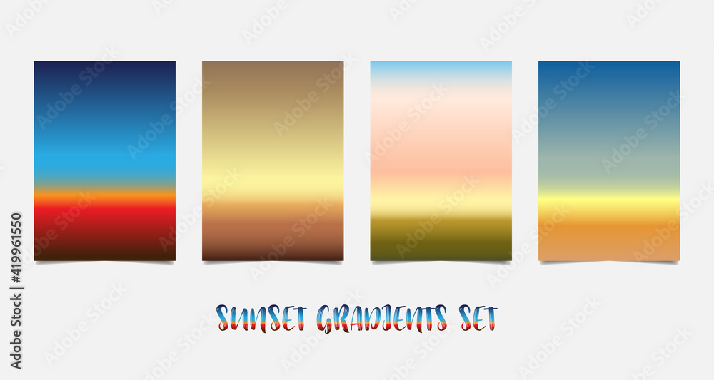 Set of colorful A4 sunset and sunrise . Blurred modern gradient background paper cards. Vector illustration