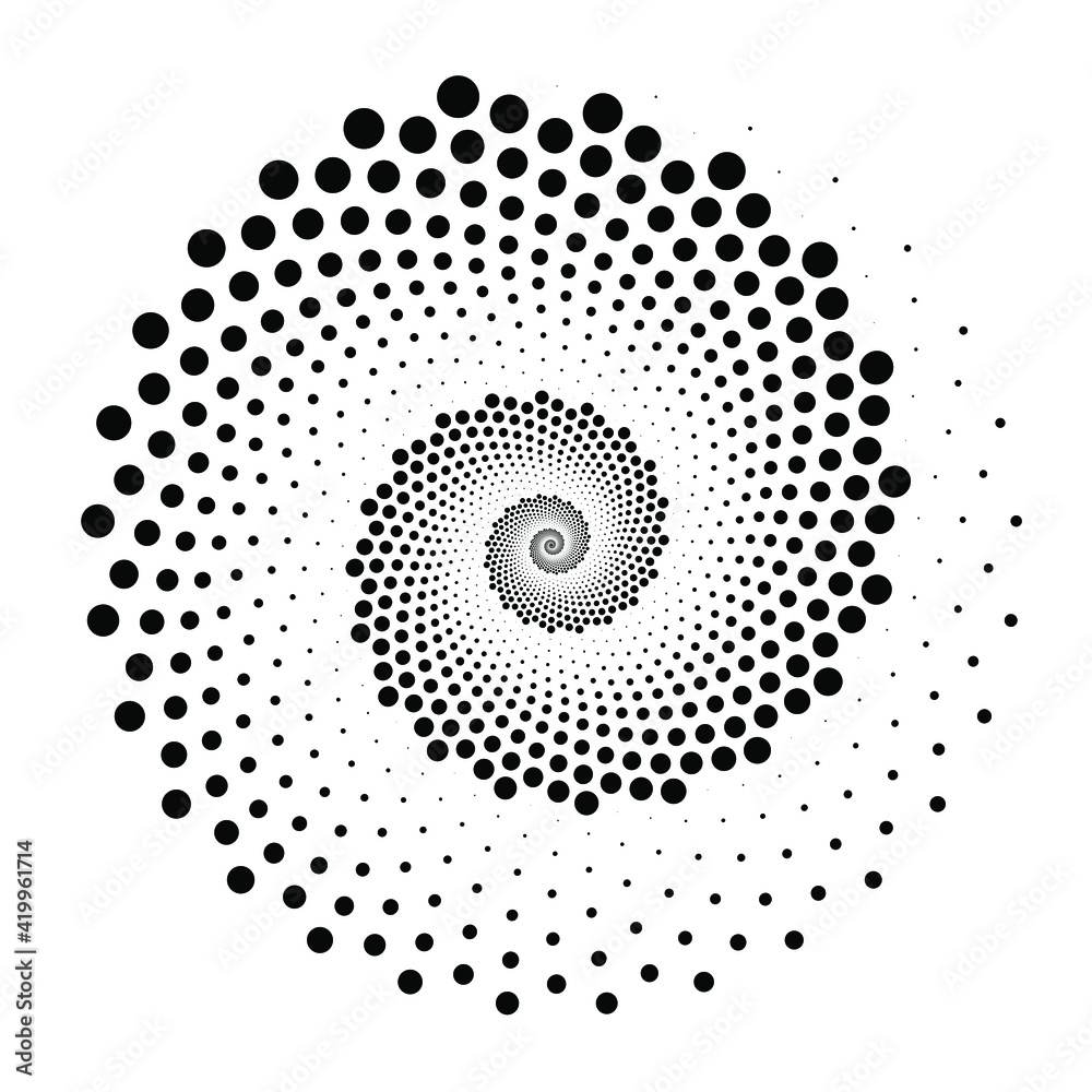Black vortex dotted shape. Geometric art. No gradient. Trendy design element for border frame, logo, tattoo, symbol, web, prints, posters, template, pattern and abstract background Black vortex dotted shape. Geometric art. No gradient. Trendy design element for border frame, logo, tattoo, symbol, web, prints, posters, template, pattern and abstract background