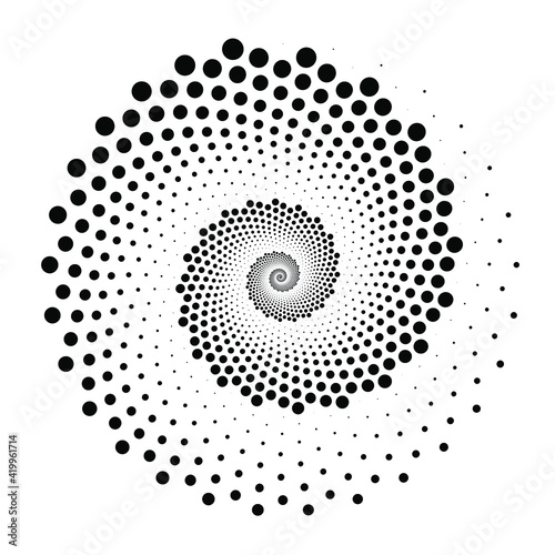 Black vortex dotted shape. Geometric art. No gradient. Trendy design element for border frame, logo, tattoo, symbol, web, prints, posters, template, pattern and abstract background