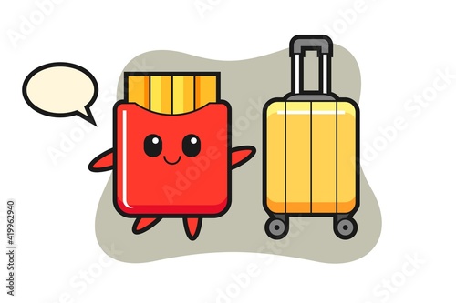 French fries cartoon illustration with luggage on vacation