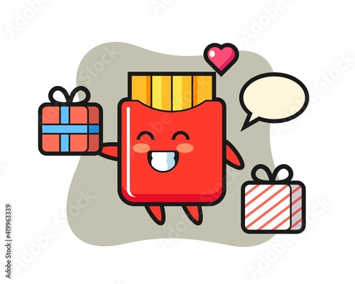 French fries mascot cartoon giving the gift