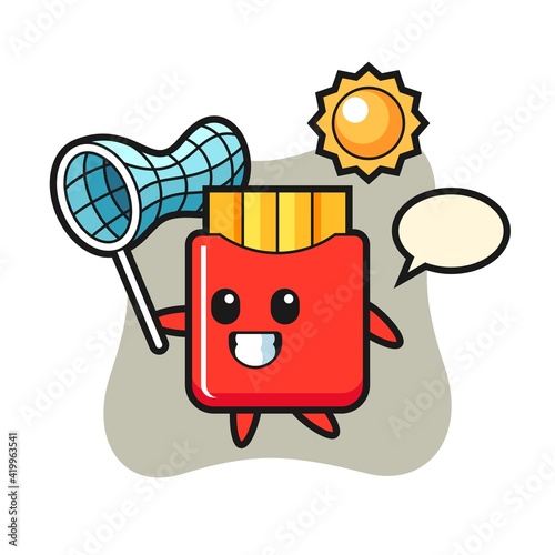 French fries mascot illustration is catching butterfly