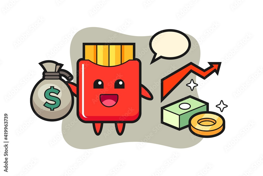 French fries illustration cartoon holding money sack French fries illustration cartoon holding money sack