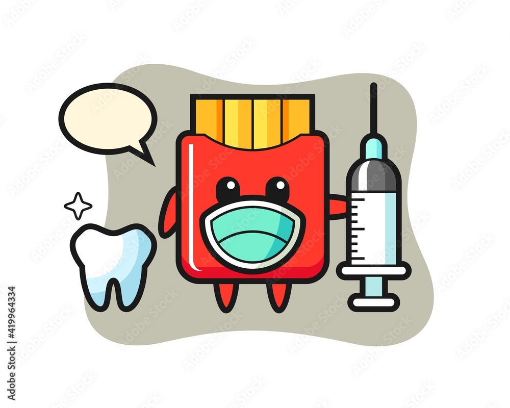 Mascot character of french fries as a dentist