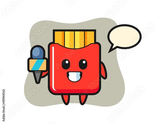 Character mascot of french fries as a news reporter