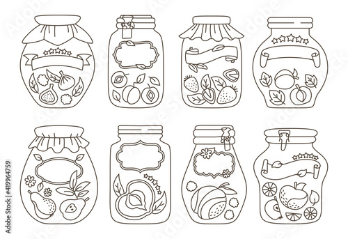 Tag and sticker glass jar fruit black line set. Label packaging jam drawing for notes, date or price. Cartoon juice peach plum apricot apple. Frame product farmer market outline vector illustration