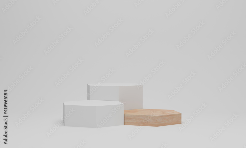 3d render. White podium in hexagon shape. Pedestal mockup on white background. Wood platform for product presentation 3d render. White podium in hexagon shape. Pedestal mockup on white background. Wood platform for product presentation
