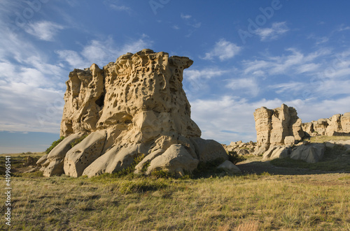 USA, Montana. Sandstone pillars or 'hoodoos' rising from the prairie.