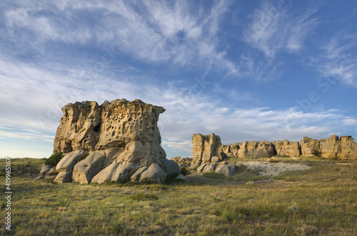 USA, Montana. Sandstone pillars or 'hoodoos' rising from the prairie.