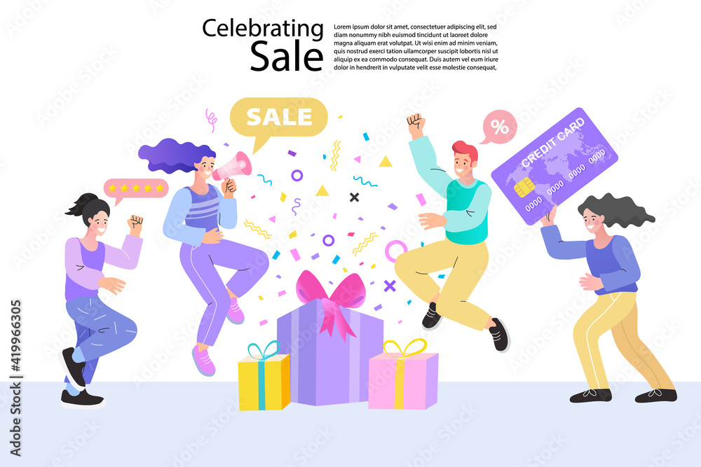 online shopping, People holding credit card, loudspeaker, having fun. Vector illustration online shopping, People holding credit card, loudspeaker, having fun. Vector illustration