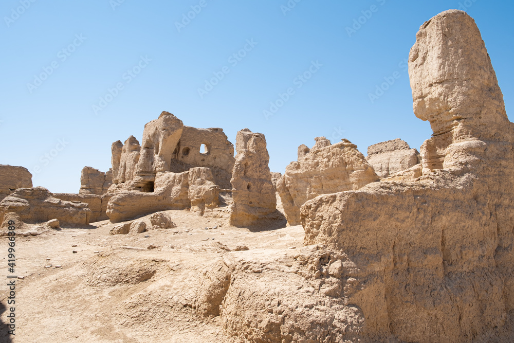 Destroyed living house  and city wall in ancient town ruins buildings north east china laying on silk way road