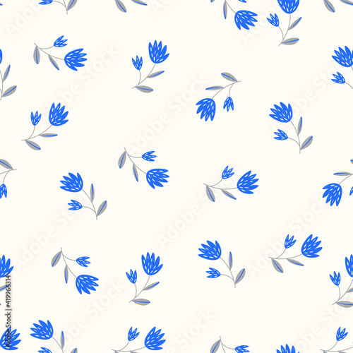 Seamless floral pattern based on traditional folk art ornaments. Colorful flowers on light background. Scandinavian style. Sweden nordic style. Vector illustration. Simple minimalistic pattern