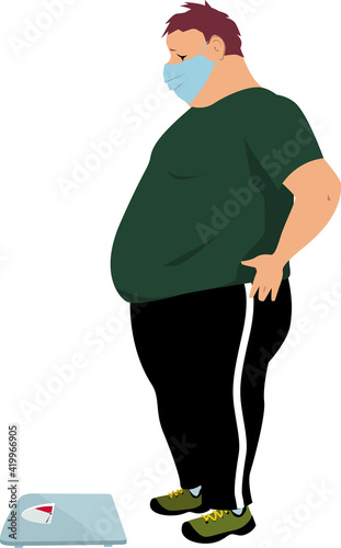 Overweight man in a face mask looking at the bathroom scales, worried about his quarantine weight gain, EPS 8 vector illustration