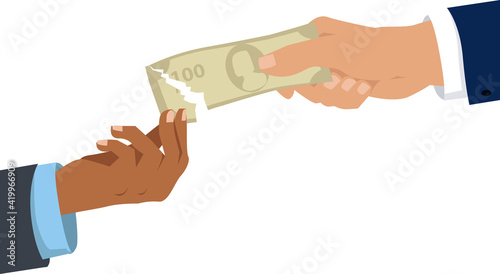 Black and Caucasian men tearing apart a money bill, and black man gets the smaller part as a metaphor for racial pay gap, EPS 8 vector illustration