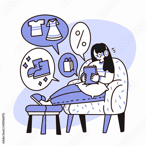 millennial girl buying on sale things online doodle illustration