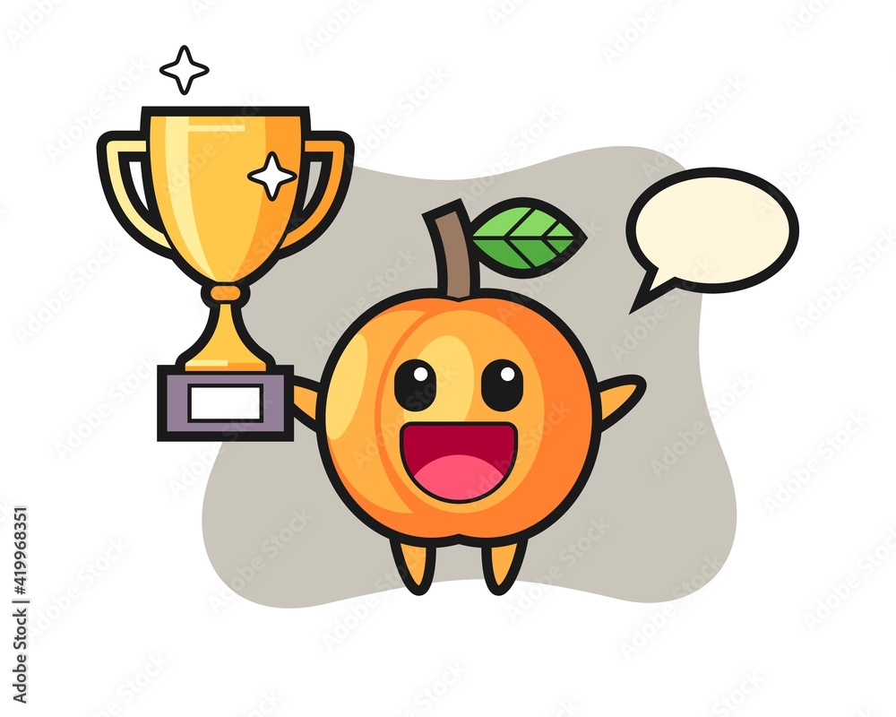 Cartoon illustration of apricot is happy holding up the golden trophy Cartoon illustration of apricot is happy holding up the golden trophy