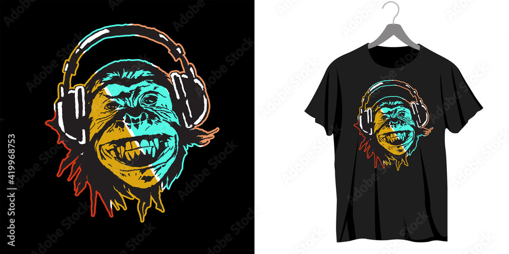 T-Shirt Design of Ape listening to music with headphone Illustration