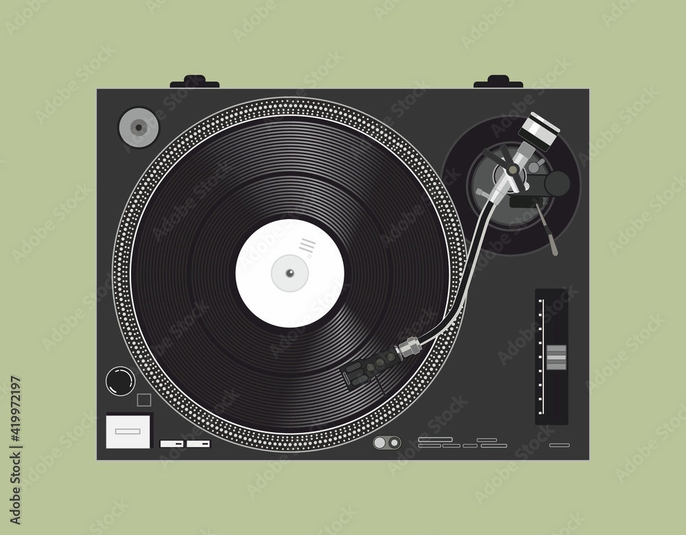 Vector DJ vinyl player. Vinyl record. Retro theme. Mk2 dj equipment.  Tonearm. Background for DJ posters.