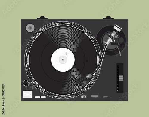 Vector DJ vinyl player. Vinyl record. Retro theme. Mk2 dj equipment. Tonearm.  Background for DJ posters.  Icon for online store. DJ- image for printing on a t-shirt. DJ image for case. LP theme.