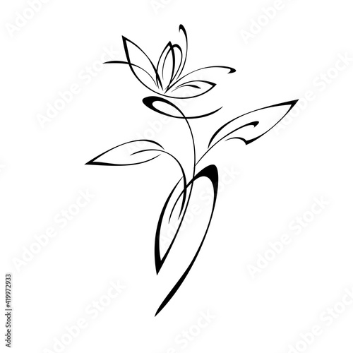 ornament 1614. one unique stylized flower on a stalk with two leaves in black lines on a white background
