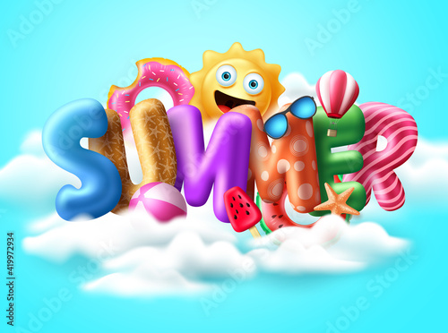 Summer 3d text balloon vector banner design. Summer balloons with colorful beach elements like floaters, beachball, sunglasses and air balloon in blue sky background for summer holiday season. Vector 