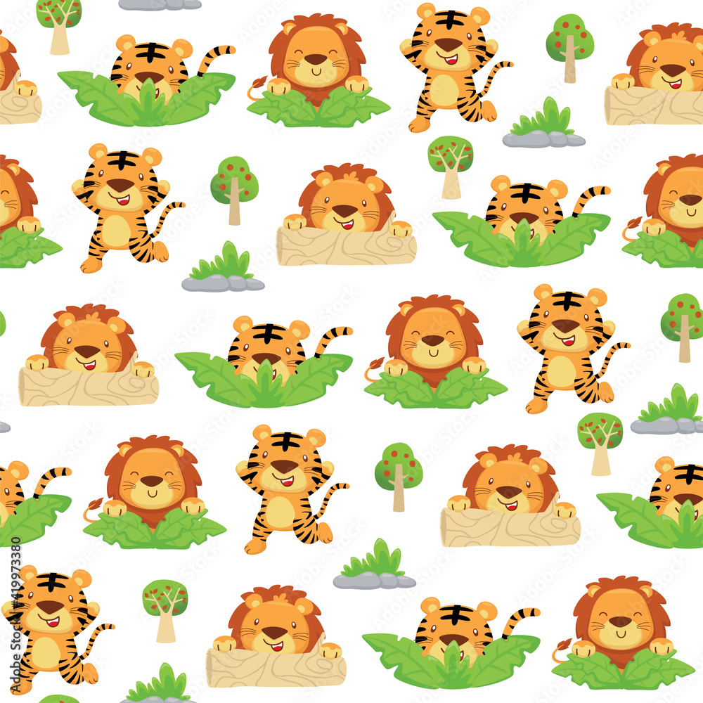 Obraz premium Seamless pattern vector of tiger and lion cartoon playing hide and seek
