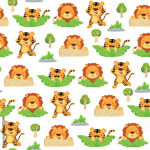 Seamless pattern vector of tiger and lion cartoon playing hide and seek