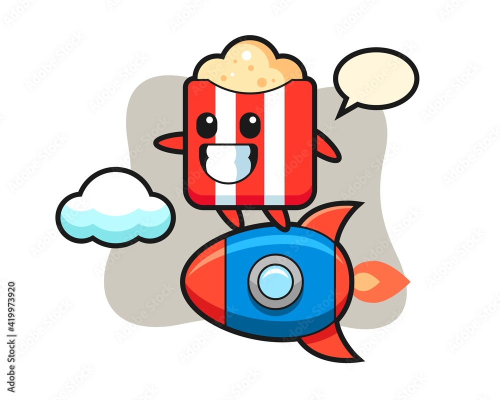 Popcorn mascot cartoon riding a rocket Popcorn mascot cartoon riding a rocket