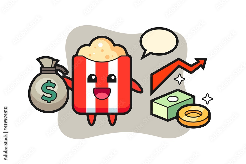 Popcorn mascot illustration holding money sack