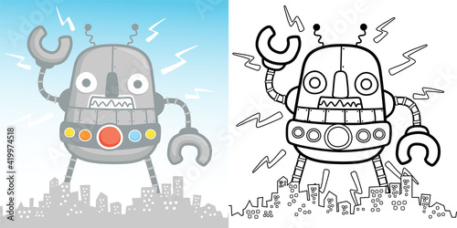 Vector cartoon of big robot attack city. Coloring book or page