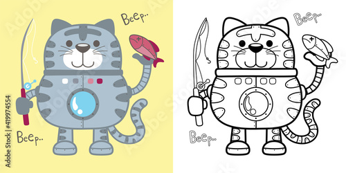 Funny cat robot standing while holding fishing tackle with fish . Coloring book or page