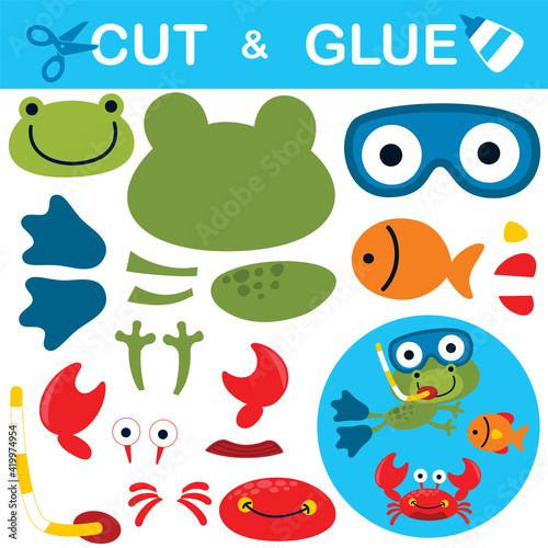 Cute frog using diving equipment with fish and crab. Education paper game for children. Cutout and gluing. Vector cartoon illustration