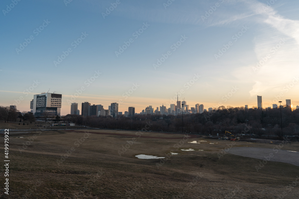 Toronto City Skyline at sunset from Riverdale Park in Ontario Canada Toronto City Skyline at sunset from Riverdale Park in Ontario Canada