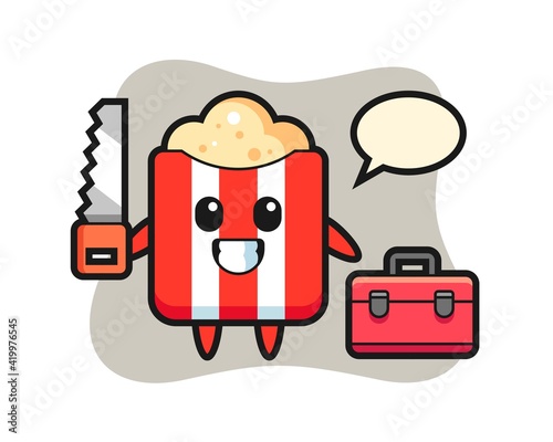 Illustration of popcorn character as a woodworker photo