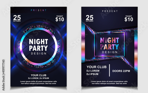Night dance party music layout cover design template background with colorful dark blue glitters style. Light electro vector for music event concert disco, club invitation, festival poster, flyer