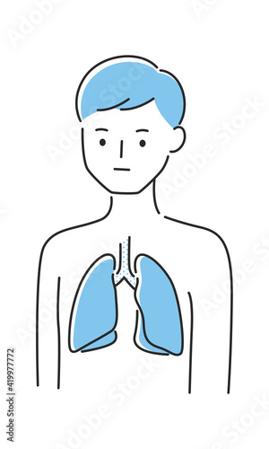若い男性のイラスト。内臓の肺に注目したイラスト。