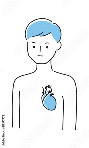 若い男性のイラスト。内臓の心臓に注目したイラスト。
