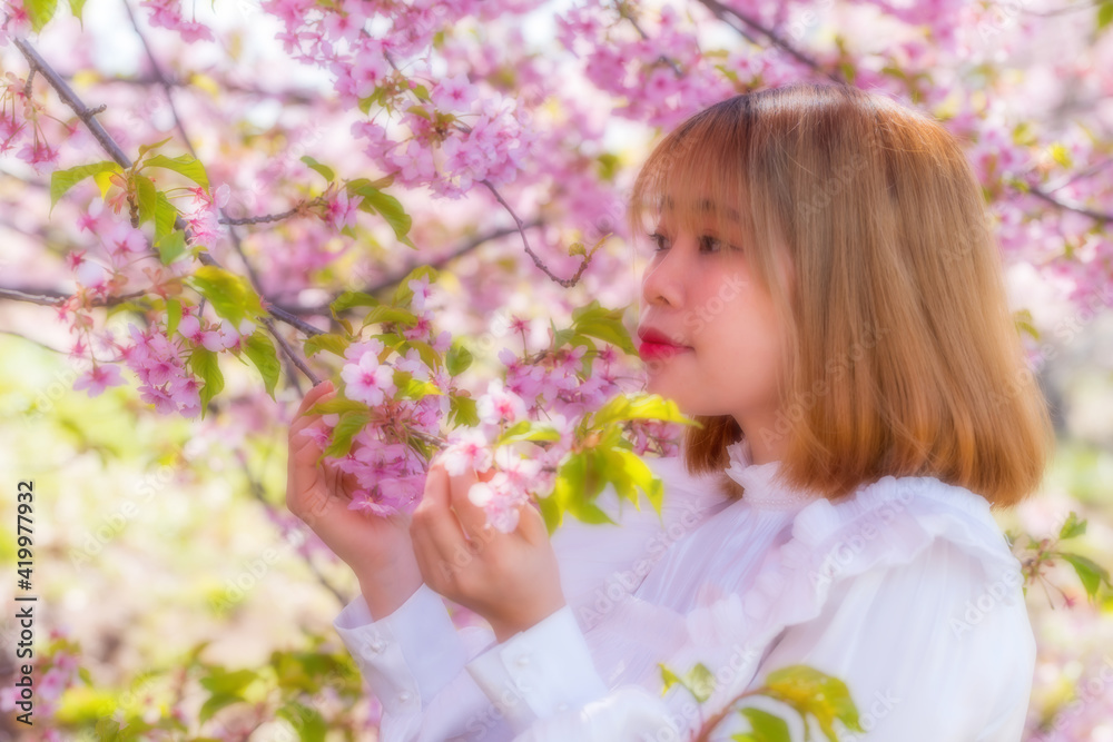 河津桜と若い女性