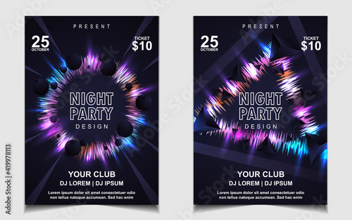 Night dance party music layout cover design template background with colorful dark blue glitters style. Light electro vector for music event concert disco, club invitation, festival poster, flyer