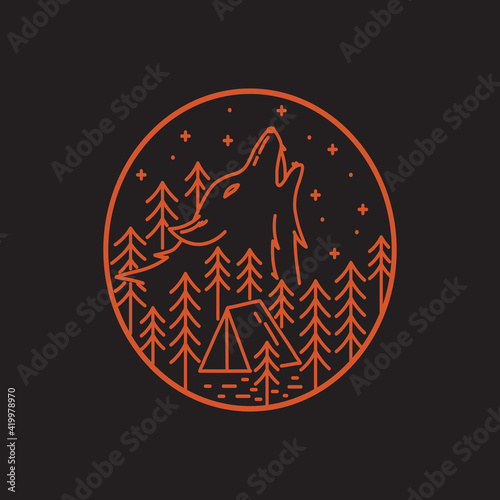 Camping ground and wolf illustration in mono line art, badge vector illustration, T-Shirt Art, Design Vector