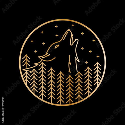camp landscape pines and wolf illustration in mono line art, badge vector illustration, T-Shirt Art, Design Vector