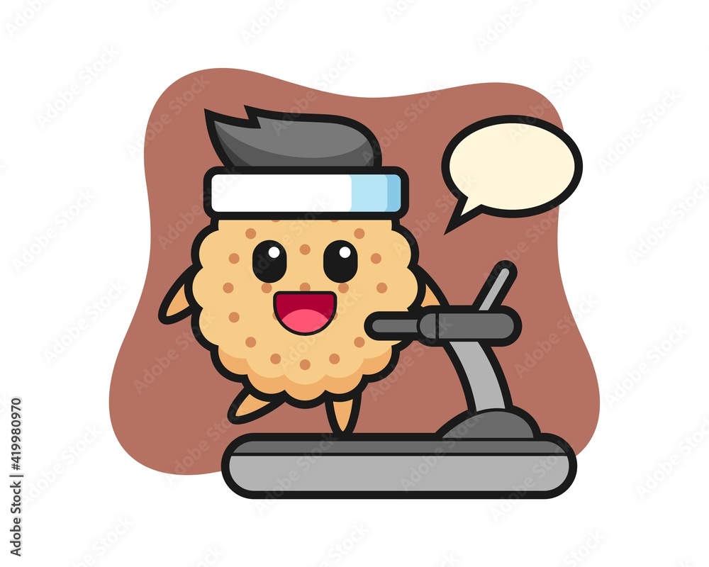 Round Biscuits Cartoon Character walking on the treadmill