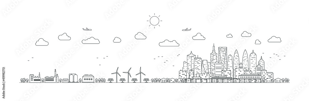 Obraz premium Panorama urban modern city landscape with high skyscrapers. Ecosystem white green energy. Vector illustration thin line city landscape.