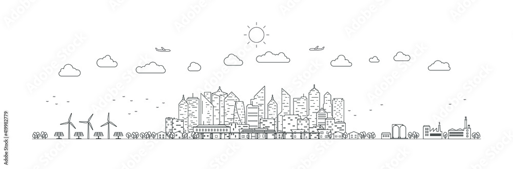 Panorama urban modern city landscape with high skyscrapers. Ecosystem white green energy. Vector illustration thin line city landscape.
