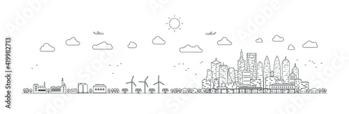 Panorama urban modern city landscape with high skyscrapers. Ecosystem white green energy. Vector illustration thin line city landscape.