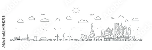 Panorama urban modern city landscape with high skyscrapers. Ecosystem white green energy. Vector illustration thin line city landscape.