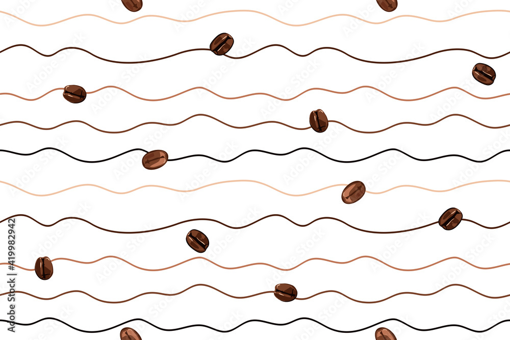 seamless vector background of coffee on waves on a white background, repeating lines and coffee beans, abstract illustration seamless vector background of coffee on waves on a white background, repeating lines and coffee beans, abstract illustration